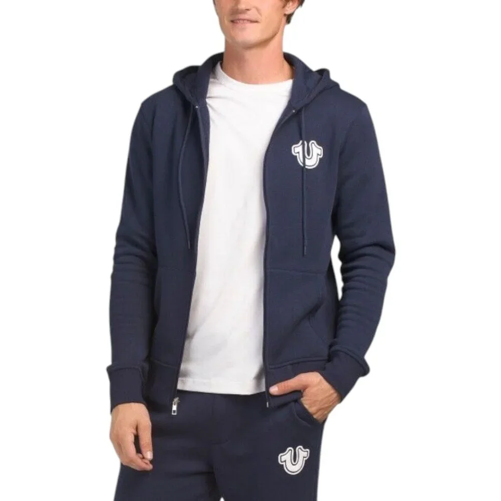 True Religion 2 PC Sweatsuit Men's Fleece Tracksuit Outfit Gift Set Navy Blue - Picture 11 of 16
